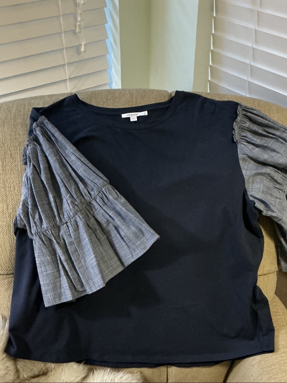 Chico's  XXL Navy Top with Chambray Tiered Ruffle Sleeves